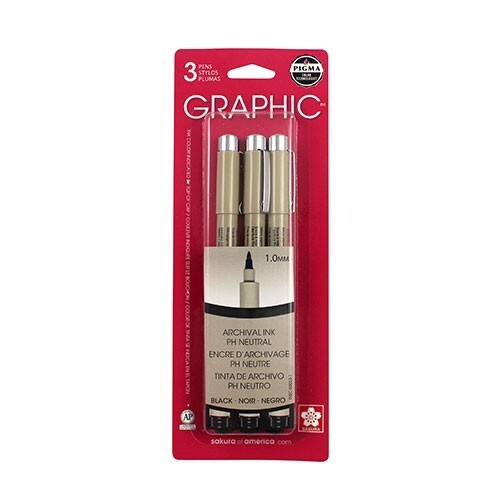 Sakura Pigma Micron Graphic Pens 1.0mm Black Ink 3/Pk No Bleed Arts Craft Paint