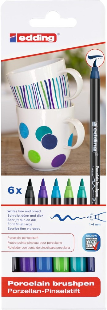 Porcelain Brush Pens Set – 6 Colors, Dishwasher-Safe, 1-4 mm Nib for Ceramics
