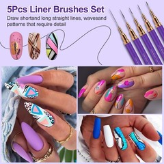 MUIIGOOD Nail Art Liner Brushes, 5Pcs Brush For 7/9/11/15/25mm, Purple