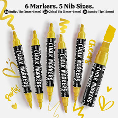 6 Gold Chalk Markers – Dual Tip, Fine & Jumbo Tip (1Mm, 3Mm, 5Mm, 15Mm) | Erasab