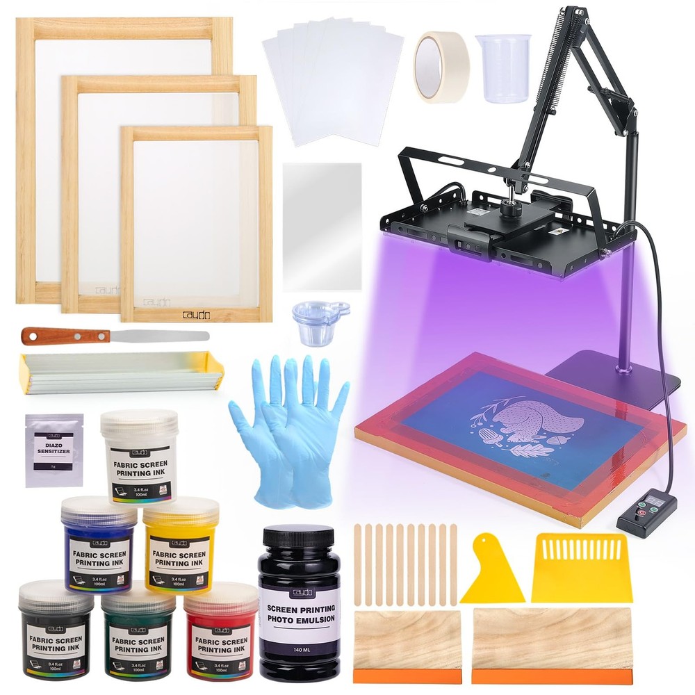 Screen Printing Kit 54 Pcs 100W UV Light 3 Frames 6 Ink Colors Emulsion Squeegee