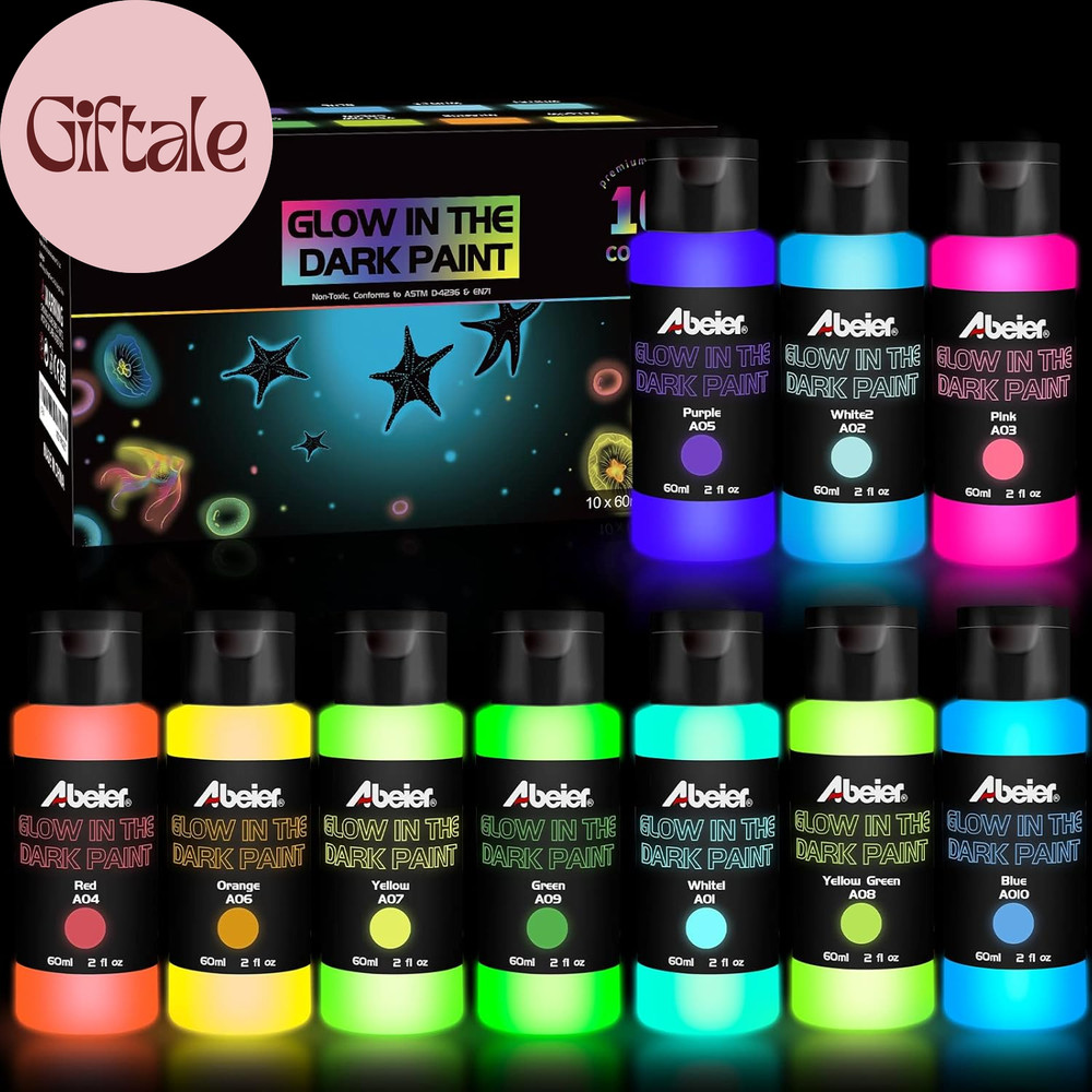 Glow in the Dark Acrylic Paint – 10 Bright Colors (60Ml/2Oz) Long Lasting Glow F