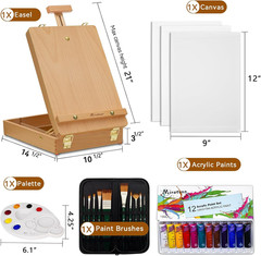 Deluxe Art Supplies 27 Pieces Art Set with Tabletop Easel, 12 Colors Acrylic Pai