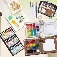 Compact Watercolor Travel Paint Set with Palette, 2 Sketchbooks, 24 Colors & Bru