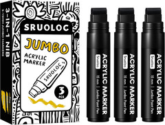 SRUOLOC 3 Jumbo Permanent Markers Black, 15Mm Thick Wide Tip, Large Acrylic Pain