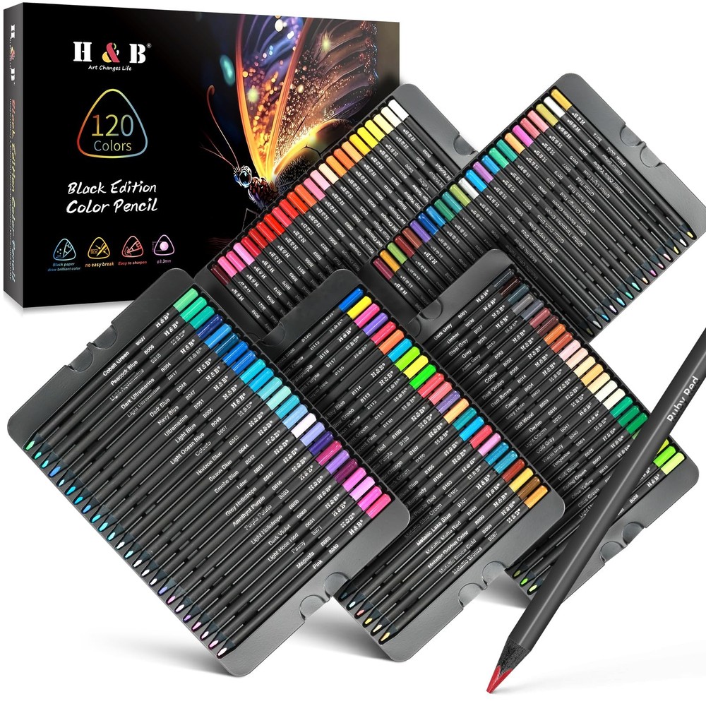 120-Color Colored Pencils Set, Metallic, Sketching, Soft Core, Pre-sharpened