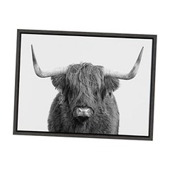 Sylvie B&W Highland Cow No. 1 Portrait Framed Canvas Wall Art by 24″L x 18″W