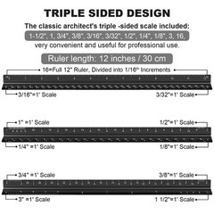 Architectural Scale Ruler Set, 2 Pack 12 Inch Aluminum Architect Black Silver