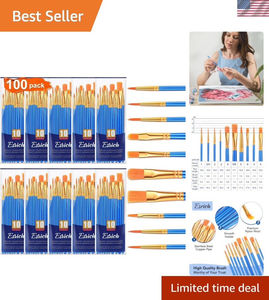 Acrylic Paint Brushes Set, 10 Packs/ 100 Pcs Watercolor Brushes,Nylon Brush H…
