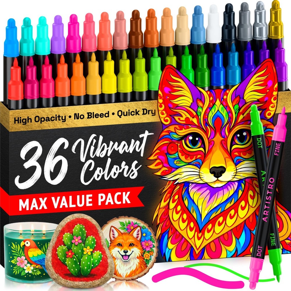 36 Dual-Tip Acrylic Paint Markers – Fine & Dot Tips for Fabric, Rock, Glass, Woo