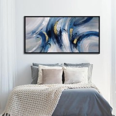 Abstract Line Art Framed Canvas – Blue and Grey Modern Wall Decor, Large 20×4…