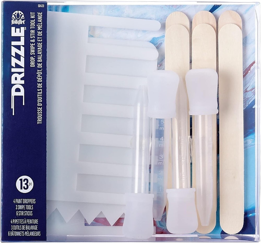 FolkArt Drizzle Tool Kit 13 Piece Pouring Drop Swipe and Stir Tool Kit for Paint