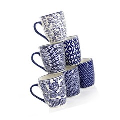 Elama Declan 6 Piece 12 Ounce Assorted Design Stoneware Mug Set Blue/White, NEW!