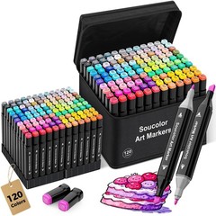 Soucolor Alcohol Markers 120 Colors with Case & Holders, Dual Tips Chisel & Fine