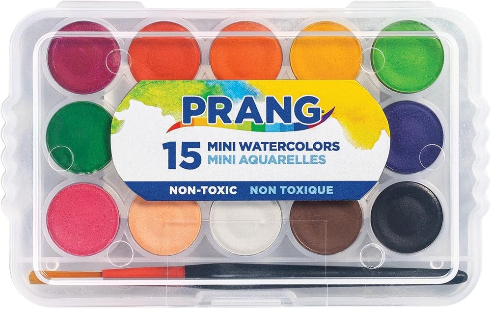 Prang Mini Watercolor Paint Set, 15 Assorted Colors with Brush, Travel Art Kit