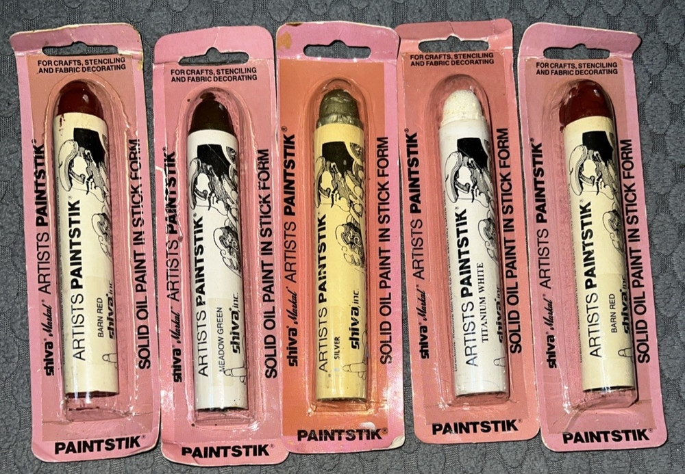 Shiva Artists Solid Oil Paintstiks, Lot Of 5 Barn Red (2), Silver, Meadow Green+