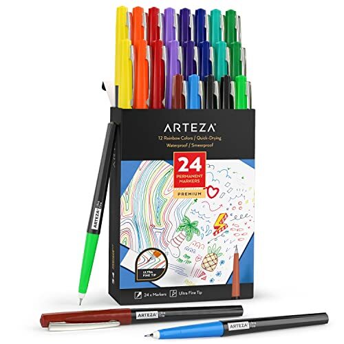 Permanent Markers 24 Ultra Fine Tip Pens 12 Rainbow Colors 2-mm Line Quick-Dr…