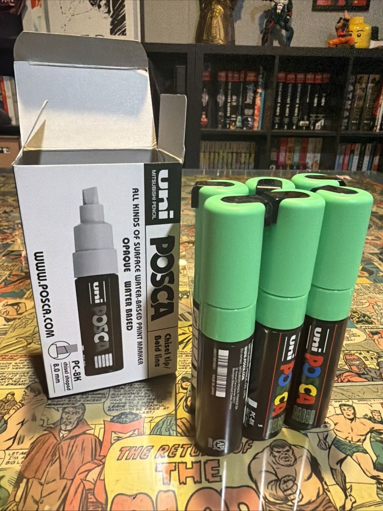 6x Uni POSCA PC-8K Paint Markers Green 8mm Chisel Tip Water Based Mitsubishi