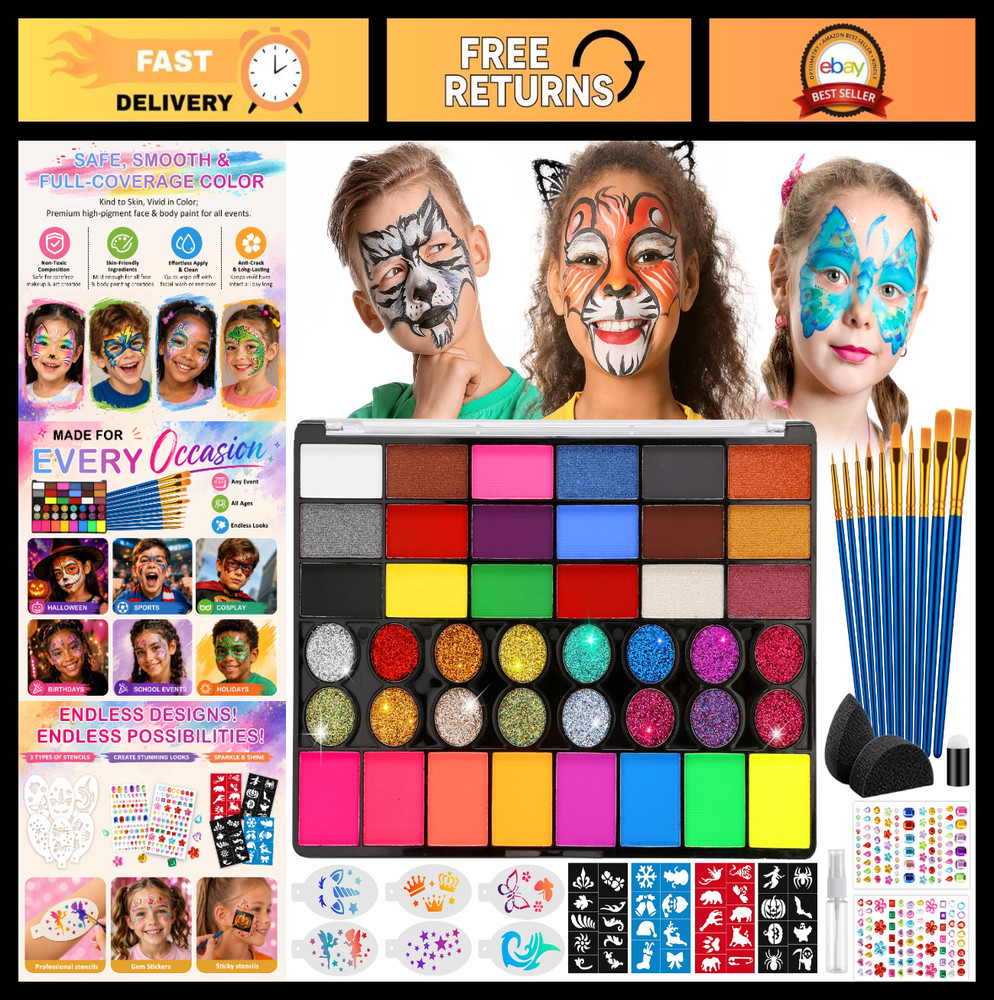 42 Color Face Painting Kit – Professional Water Activated Makeup, Brushes, Stenc