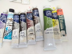Used Lot of 32 Watercolor Paint WINSOR NEWTON Grumbacher Cotman Brushes Used