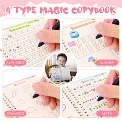 PEOCEFOY 4 Pc Magic Grooved Practice Copybook,Reusable Grooved Writing Books,…