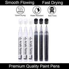 Black Paint Pens, 6 Pack 0.7Mm Acrylic Black Permanent Marker,White Paint Pens f