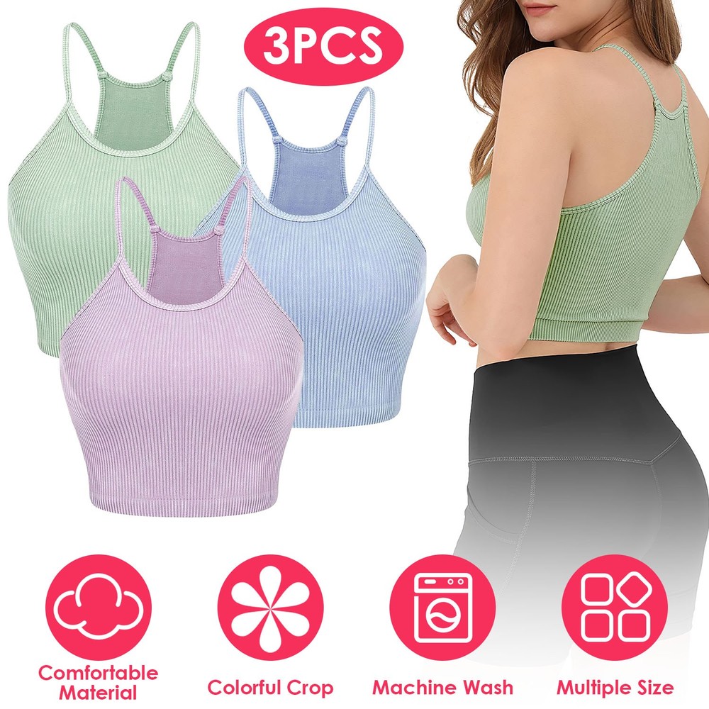 3 Pack Women Crop Basic Tank Top Ribbed Knit Sleeveless Round Neck 9 Color Ma…