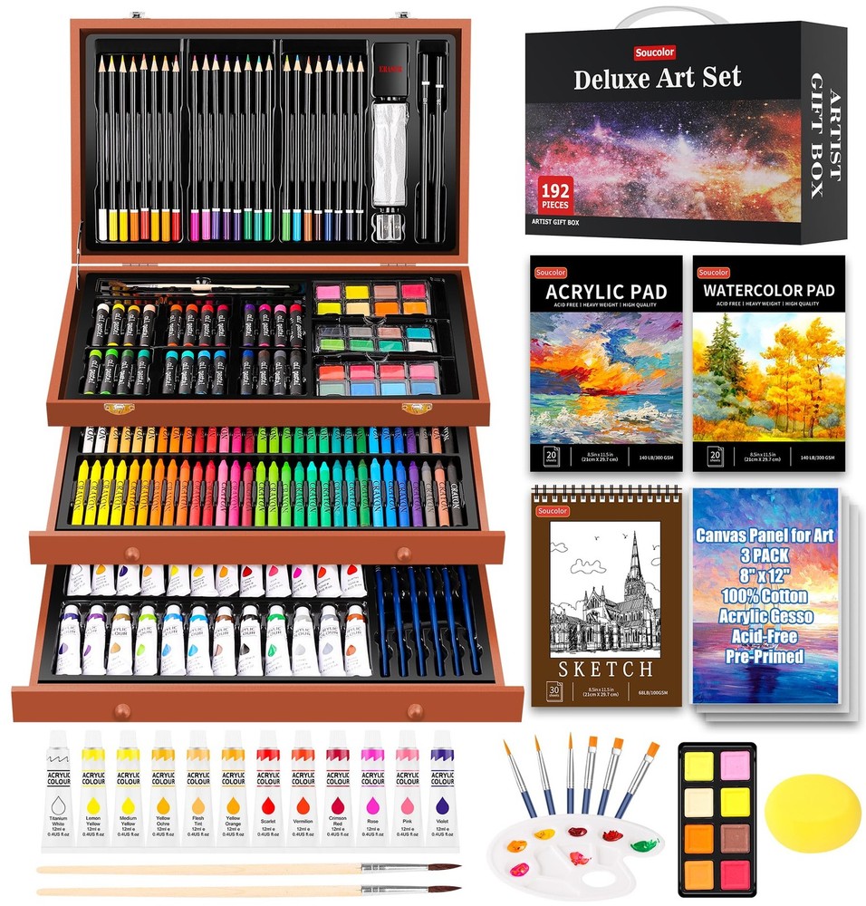 Soucolor Art Supplies, 192-Pack Deluxe Art Set Drawing Painting Supplies Art Kit