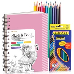 Sketch Book with 12 Color Pencil Set, 90 Sheets 5.5×8.5 Inch (1 Pack), Pink