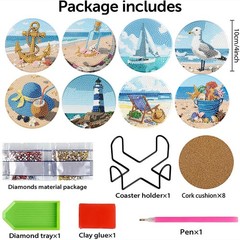 8 Pcs Beach Diamond Art Coasters Kits with Holder, Seaside Diamond Painting Coas