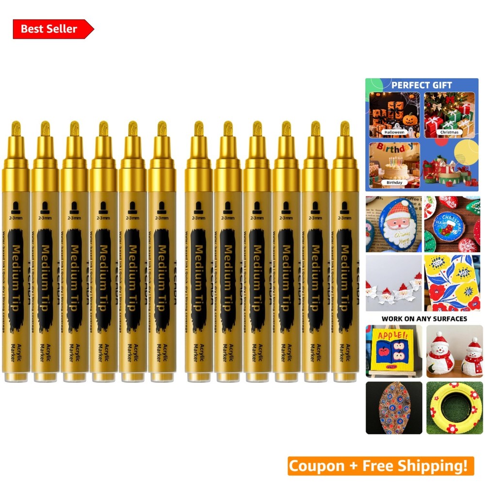 12-Pack Gold Acrylic Paint Pens – Waterproof, Non-Toxic Markers for All Surfaces