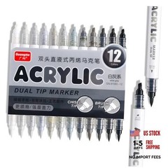 12 Colors Dual Tip Acrylic Paint Markers, Gray and Black Color — Extra Grey
