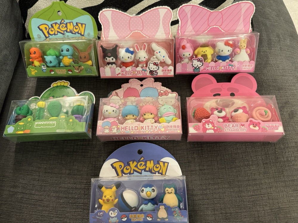 Big Erasers: Pokemon, Hello Kitty, My Melody, Kuromi, Cinnamon Roll, Cactus