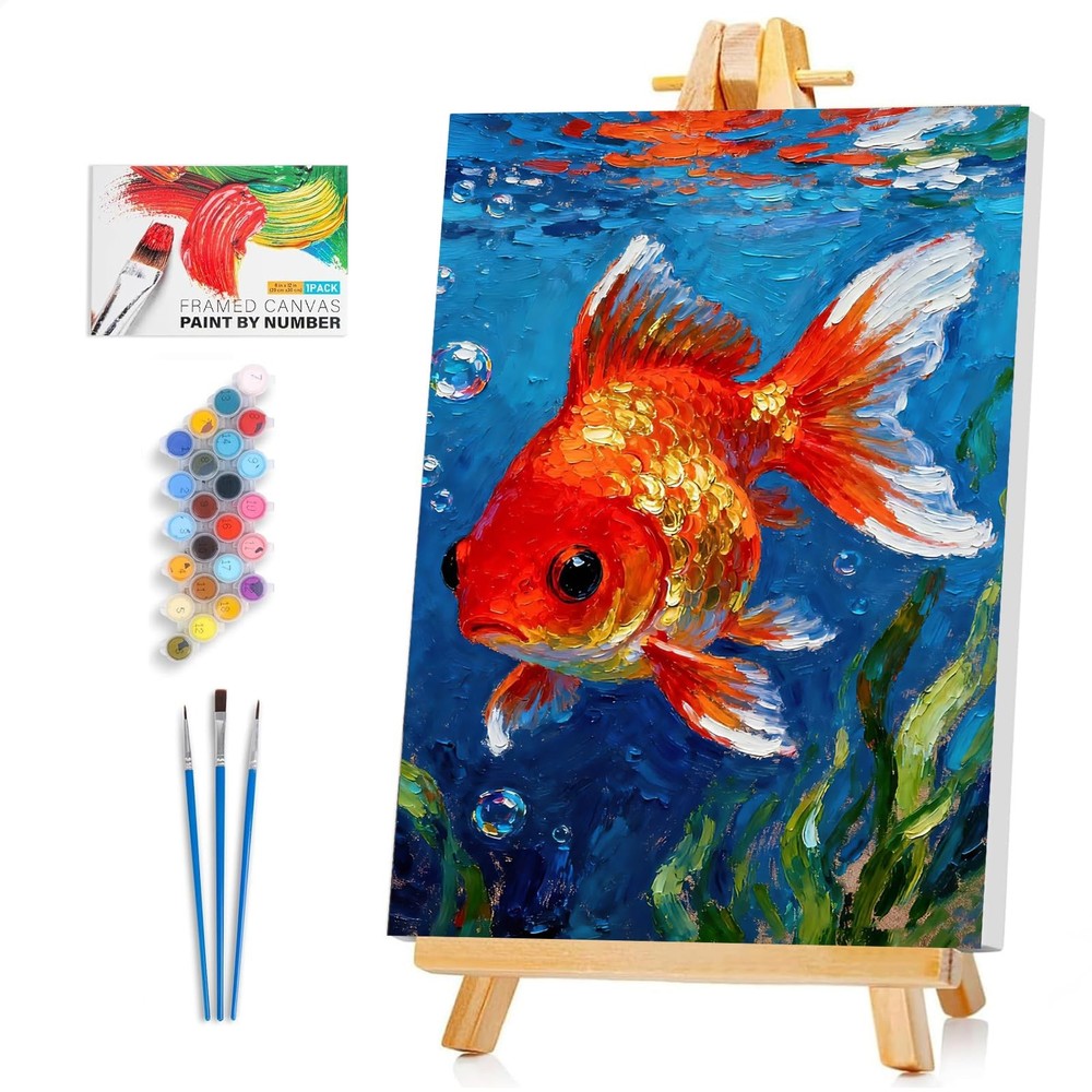 Framed Paint by Numbers Kit for Adults Beginner & Kids Ages 812, Goldfish Adu…