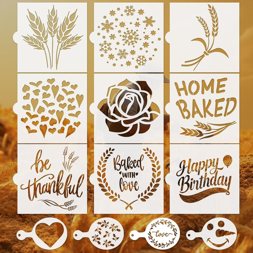 13 PCS Cookie Stencils,Reusable Artisan Bread Stencils for Sourdough 5×5 Inch…