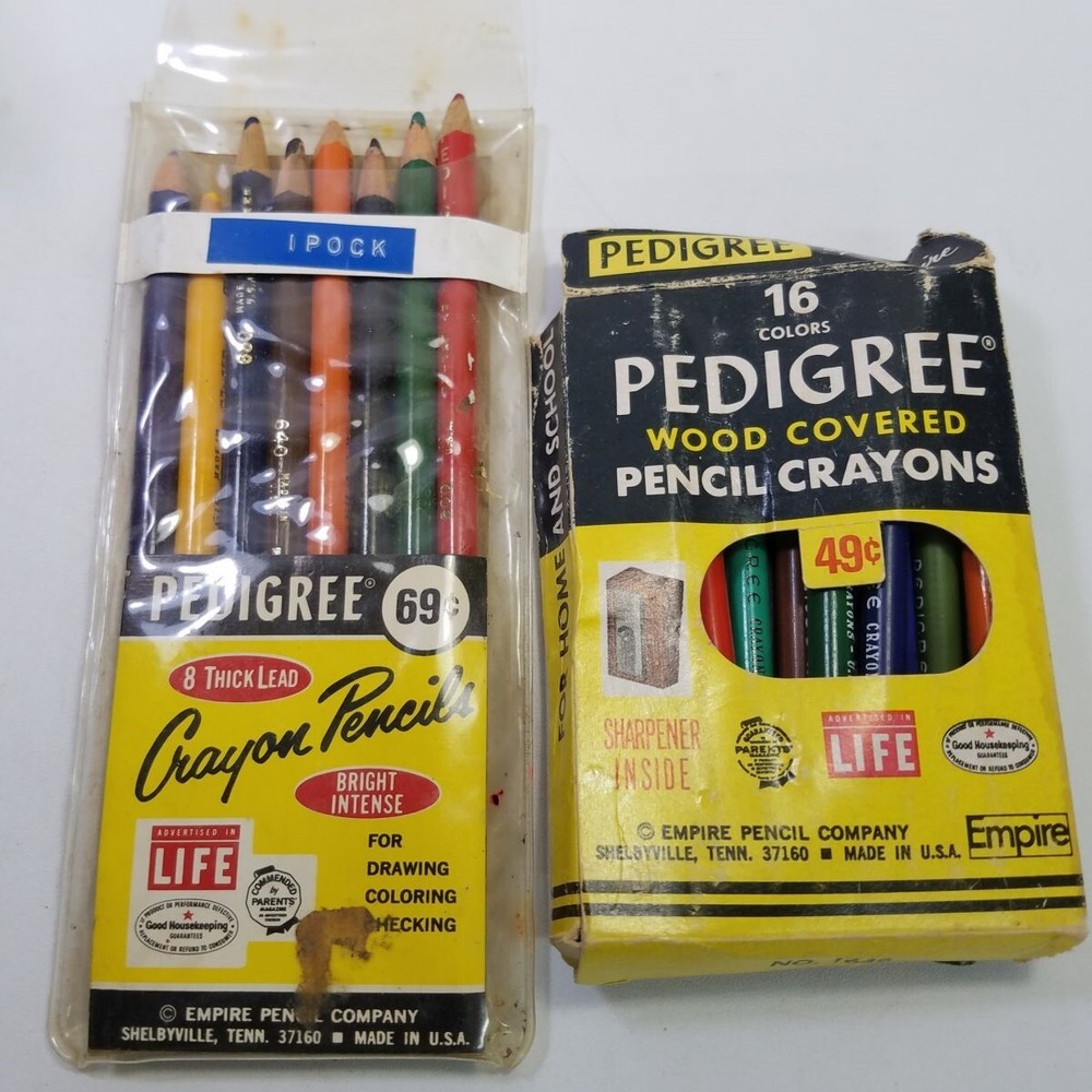 Lot 24 Vintage Pedigree 16 Pencil Crayons 8 Crayon Pencils Used Plast-O-Led