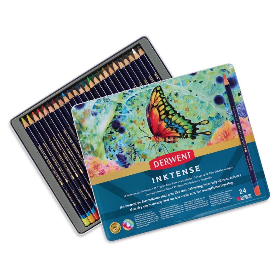 Set of 24 – Derwent Inktense Pencils, Tin Box, Assorted Colors