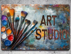 Art Studio Metal Wall Sign – Vintage Paint Palette & Paintbrush Design 8×12 NEW