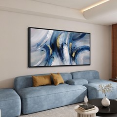Abstract Line Art Framed Canvas – Blue and Grey Modern Wall Decor, Large 20×4…