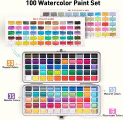 100 Color Watercolor Paint Set with Brushes, Palette, Papers & Accessories