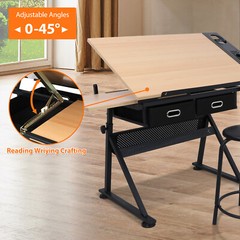 Height Adjustable Drafting Table Drawing Artist Craft Desk w/ Stool & 2 Drawers