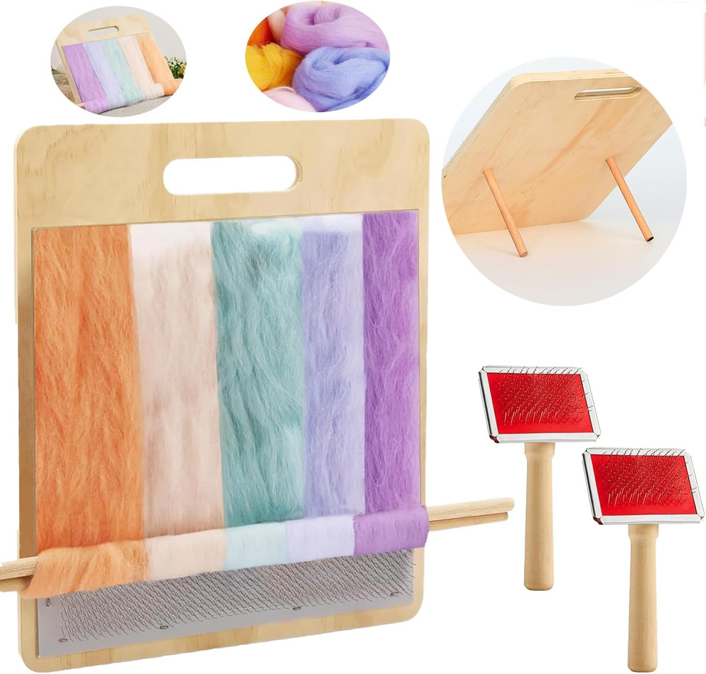 6PCS Wool Blending Board Carding Brush Set, Yarn Making Kit, 4 Wood Craft Sticks