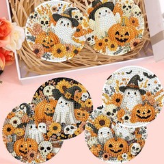 8 Pcs Halloween Ghost Pumpkin Diamond Art Coasters Kit 3.8 Inch