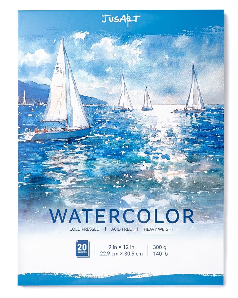 Jusart Watercolor Paper Pad 9″x12″, 300gsm/140lb, Cold Press Azure Cover