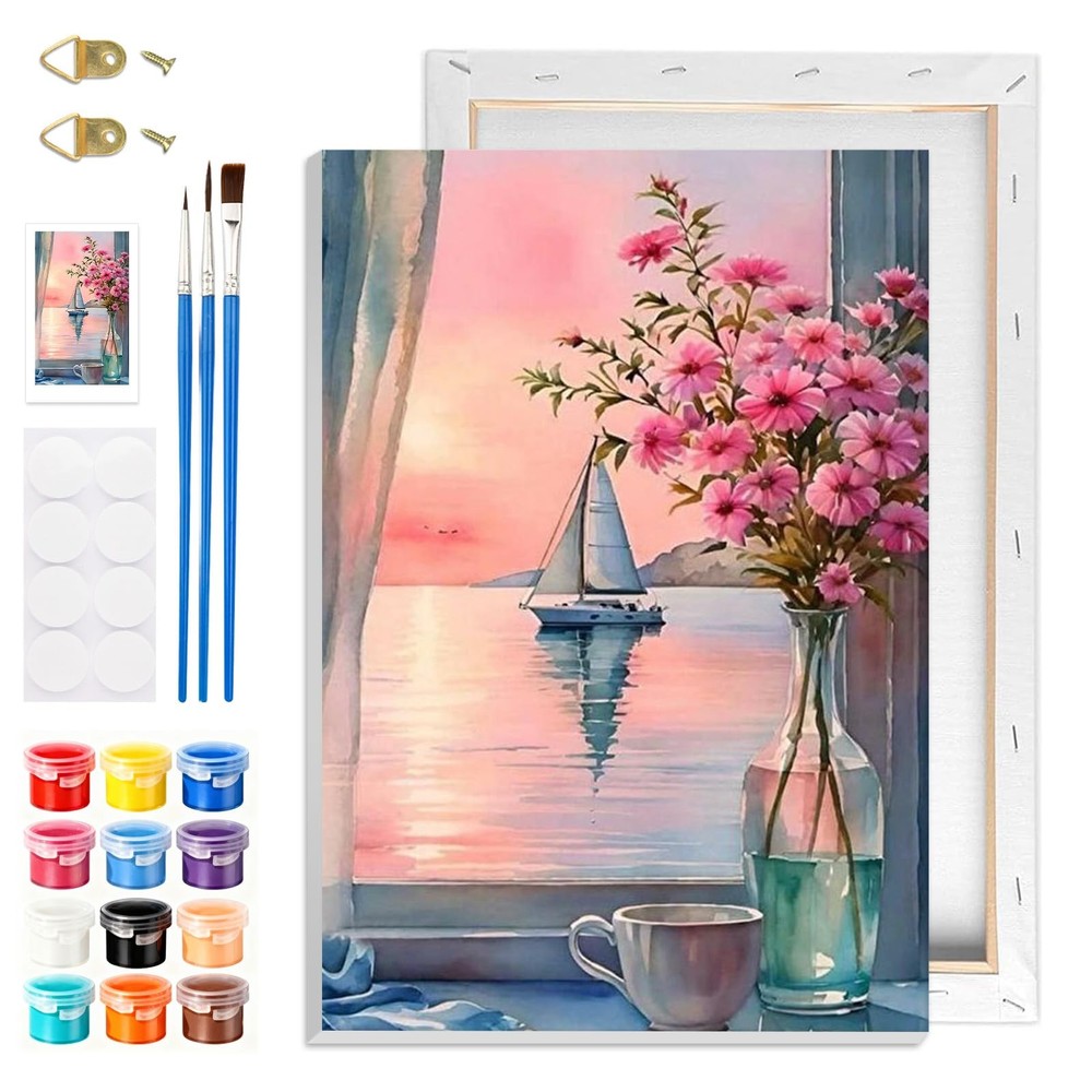 Window Flowers Paint by Numbers Kits with Frame for Adults Beginners, DIY Lan…