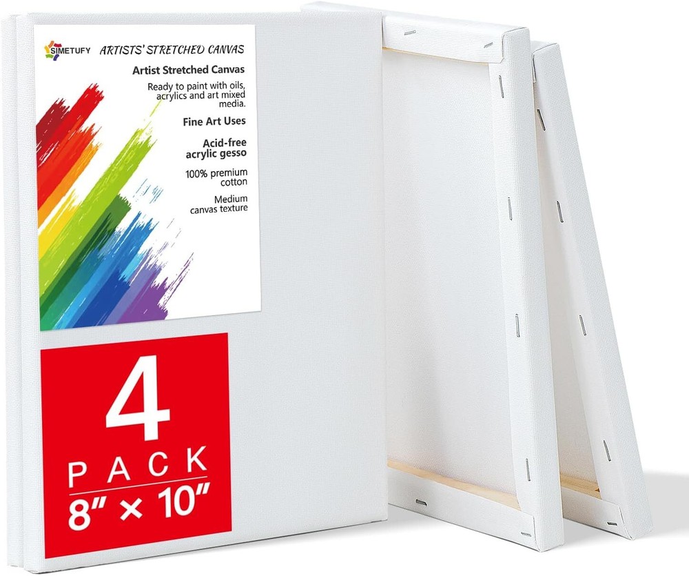 Simetufy 4 Pack Stretched Canvas for Painting 8×10 Inch, 100% 8″x10″, white