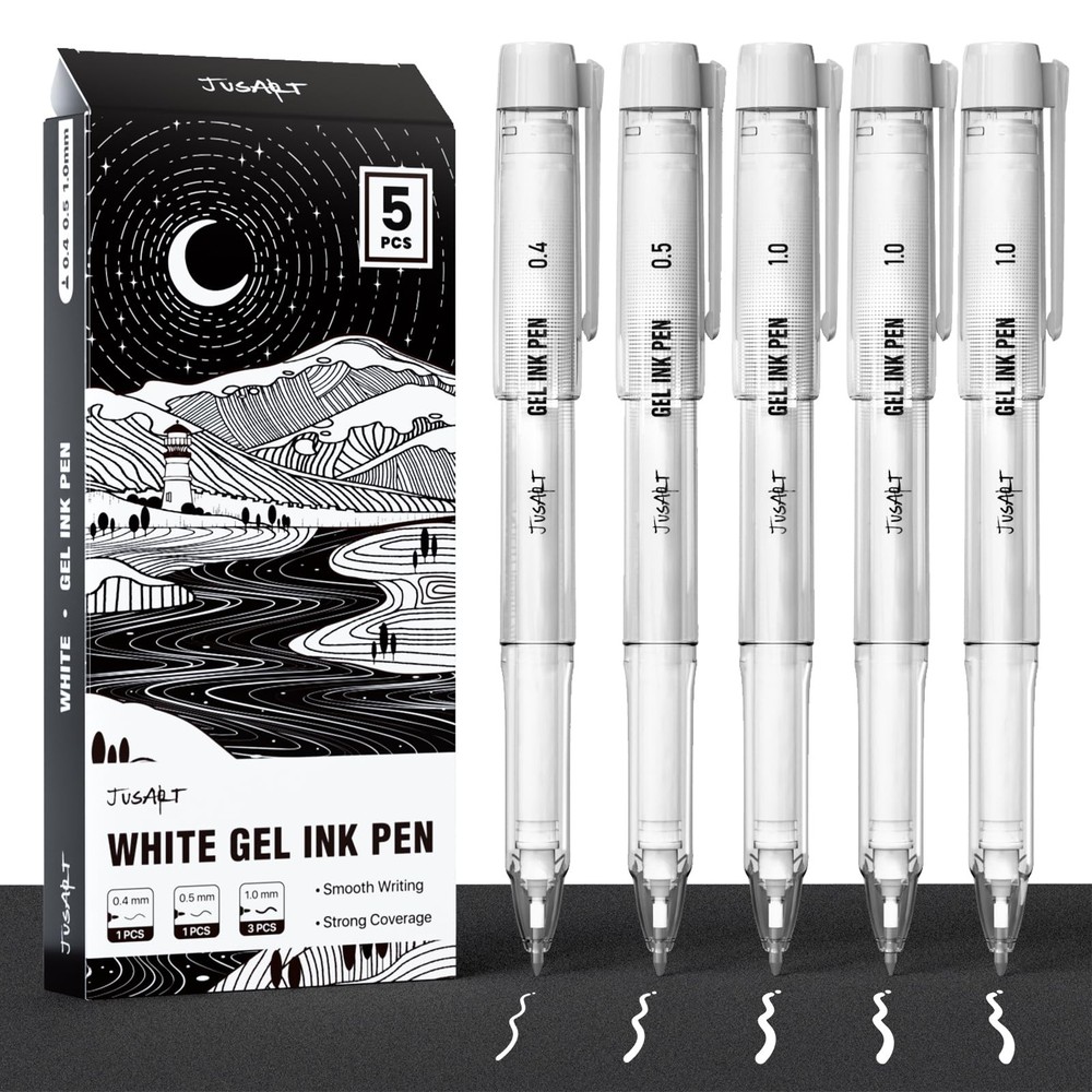 JusArt White Gel Pens with 0.4mm, 0.5mm & 1.0mm Assorted Tips, Opaque White I…