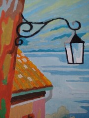 LARGE PAINT BY NUMBER 28 x 24″ Cafe Street Scene Lake MOUNTAIN handmade