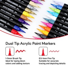 Dual Tip Acrylic Paint Markers, 24 Colors Paint Pens with Fine Tip and Brush Tip