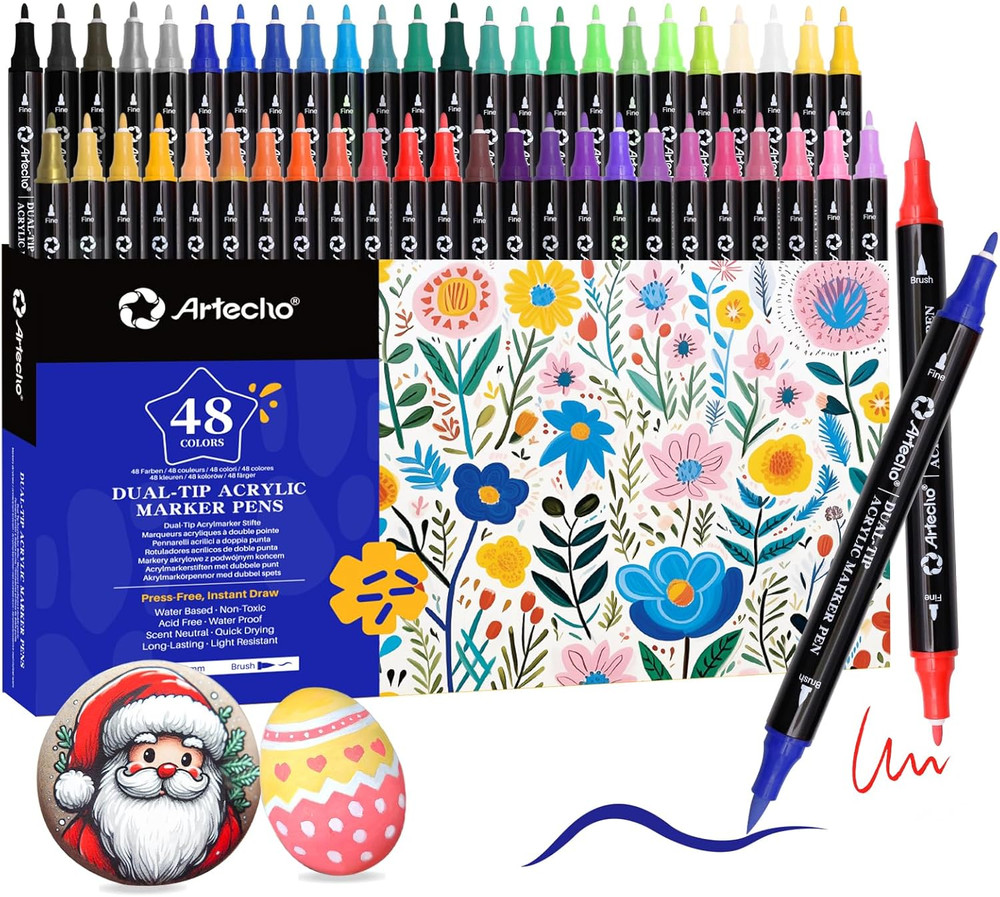 Artecho Acrylic Paint Markers 48 Colors, Acrylic Paint Pens with Brush Tip and F